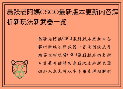 暴躁老阿姨CSGO最新版本更新内容解析新玩法新武器一览